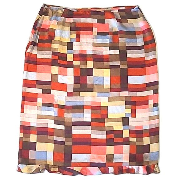 BCBGMaxAzria Straight Silk Long Skirt Below Knee Geometric Patchwork Ruffle Hem - Picture 16 of 16